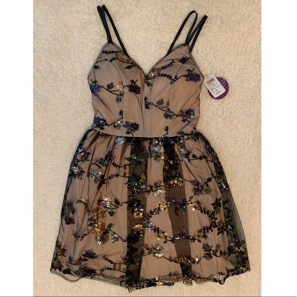Formal dress with black lace & sequin overlay